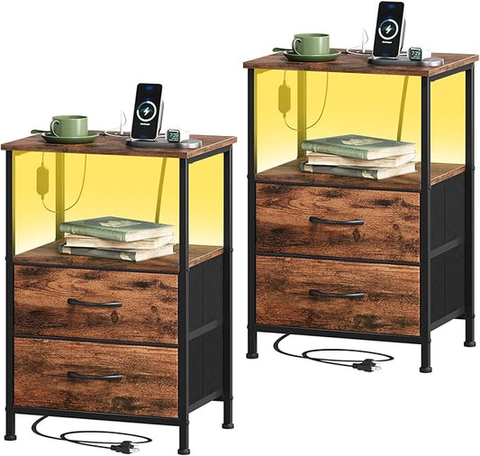 Somdot Nightstands Set of 2,End Tables with Charging Station and LED Lights,Night Stand with 2 Fabric Drawers, Bedside Table for Dorm Guest Room Bedside Kids Entryway Hallway, Wood Grain Print