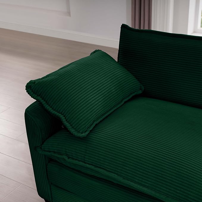 KEIKI 2-Piece Sofa Set with 1 Oversized Corduroy 3-Seater Sofa & 1 Single Sofa, Upholstered 4-Seater Couch Set with 6 Pillow, High-Density Foam Cushions, Removable Armrests, for Living Room, Green