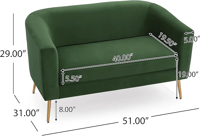 Christopher Knight Home Fabric Upholstered Loveseat for Living Room,Tub-Design 2-Seater Sofa with Removable Seat Cushion and Tapered Steel Legs,Forest Green and Gold