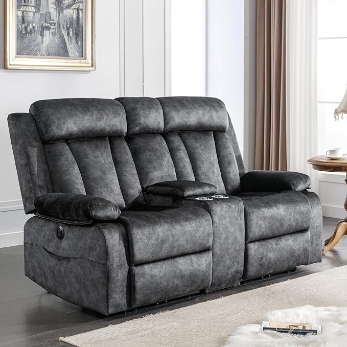 GUEAPY Power Reclining Loveseat with Heat & Massage,2 Seat Reclining Sofa with Console, Cup Holders, USB & Type-C Ports, Comfort Reclining Couch for Living Room Furniture Set, RV Loveseat Couch