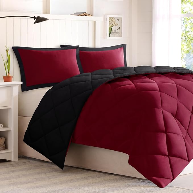 Madison Park Comforter Set, Reversible Down Alternative All Season Microfiber Bedding, 3M Scotchgard Stain Release, Full/Queen Dorm Comforter, Red/Black