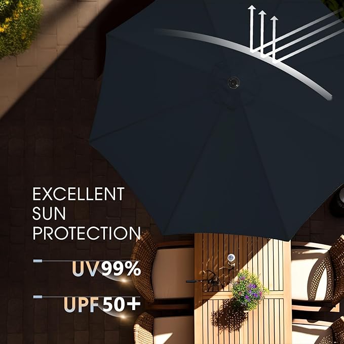 wikiwiki 9FT Patio Umbrella with Base, Outdoor Umbrellas with Base Included, 8 Sturdy Ribs, Waterproof Fade Resistant POLYESTER DTY Canopy for Deck, Lawn, Garden, Backyard & Pool, Navy