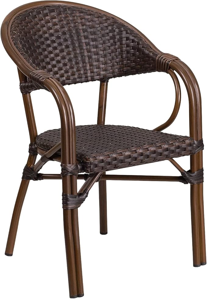 Flash Furniture 3 Pk. Milano Series Dark Brown Rattan Restaurant Patio Chair with Red Bamboo-Aluminum Frame