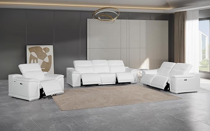 BlackJack Furniture Venice Top Grain Italian Leather Recliner 6 Seater 5 Power 3 Piece Sofa Set with Adjustable Headrests Modern Luxury Seating Sofa, Loveseat and Chair for Living Room Lounge, White