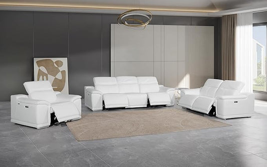 BlackJack Furniture Venice Top Grain Italian Leather Recliner 6 Seater 5 Power 3 Piece Sofa Set with Adjustable Headrests Modern Luxury Seating Sofa, Loveseat and Chair for Living Room Lounge, White