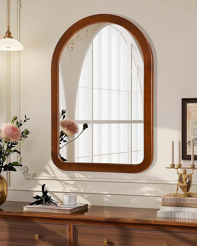 Arched Mirror 22 x 30 Inch,Walnut Brown Wood Rustic Bathroom Tempered Wall Mirror with Wood Frame,Round Corner Arch Farmhouse Wooden Vanity Mirror for Living Room,Entryway or Bedroom