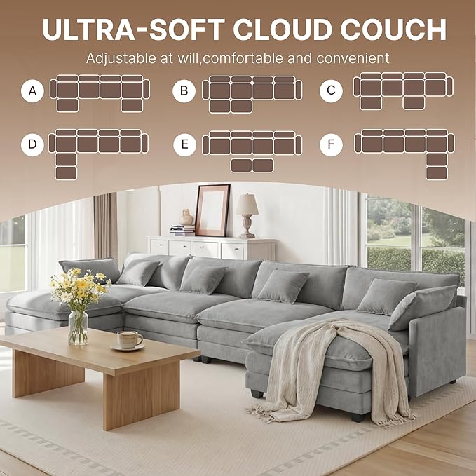 KISLOT 157" Oversized Modular Sectional Sofa,U-Shaped Cloud Couch with Movable Ottoman,Thick Cushions,6 Deep Seats with 6 Throw Pillows Sofa Couch Set for Living Room, Bedroom | Wood Frame