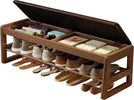 AQIMUELE Shoe Rack Bench,2 Tiers Shoe Bench with Storage with Flip-Top,Wood Shoe Rack for Entryway,Hallway（Dark Walnut Upholstered Seat）