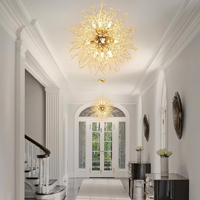 Depuley Gold Dandelion Light Fixtures, 12-Light Crystal Chandelier Lights Sparkle Pendant Light, Firework Starburst Chandelier Design for Living Room, Bedroom, Stairs, Hallway, G9 Bulb Not Included
