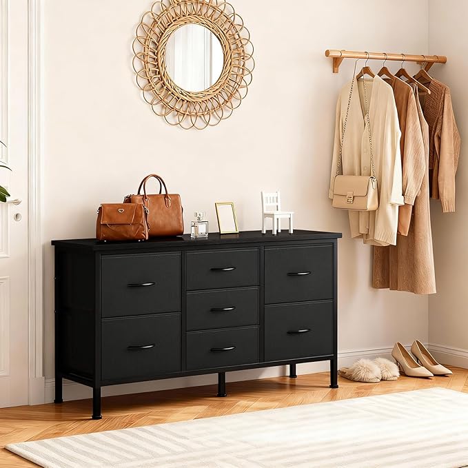 DUMOS TV Stand 7 Drawer Dresser for Bedroom with Storage TV Stands for Living Room Black, Farmhouse Entertainment Center Media Console Table with Metal Frame Adjustable Feet