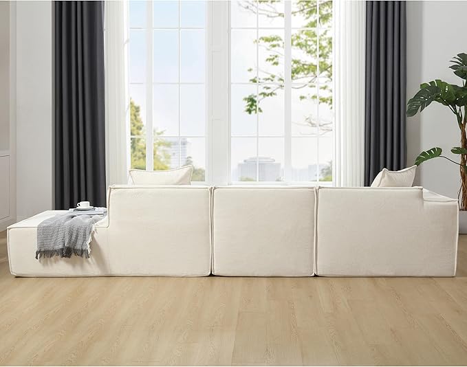Ball & Cast 129" Tofu Block Modular Sofa Set with Left-Hand Facing Chaise,Modern Sectional Couch W/Square Armrest & Pillows,Free Combination,Italian Minimalist Style,for Livingroom,Beige Terrycloth