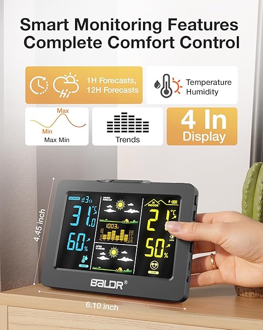 Wireless Weather Station with Outdoor Sensor, Indoor Outdoor Thermometer Hygrometer, HD Color Display, Smart Backlight, Rechargeable Battery Temperature Humidity Monitor