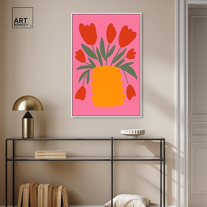 Art Remedy Bright Romantic Tulips Canvas Boho Colorful Wall Art, White Frame, 24" x 36"