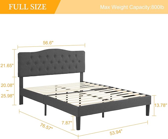 VECELO Full Size Bed Frame Upholstered Platform with Tufted Adjustable Headboard/Mattress Foundation Wood Slat Support/Easy Assembly,Grey