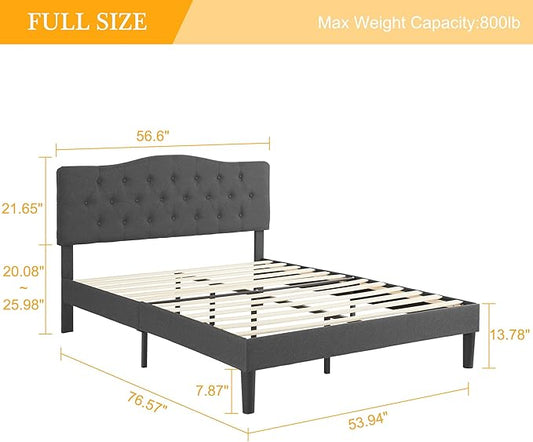 VECELO Full Size Bed Frame Upholstered Platform with Tufted Adjustable Headboard/Mattress Foundation Wood Slat Support/Easy Assembly,Grey