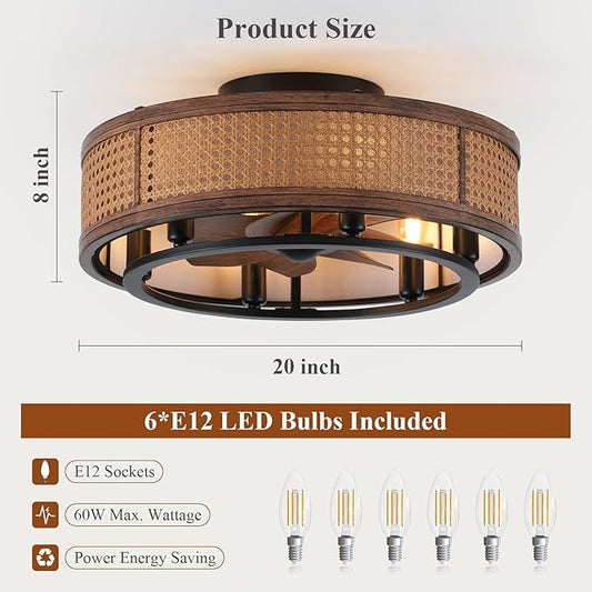NORFOLK 20" Boho Ceiling Fan with Light, Flush Mount Ceiling Fan with Quiet Energy-Saving DC Motor & 6 E12 LED Bulbs Included, Farmhouse Rattan Caged Ceiling Fan with Light for Bedroom Living Room