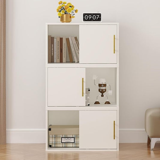 White Dresser with Sliding Door, Tall Dresser for Bedroom and Closet, 3 Pcs Stackable Cubby Storage Organizers, Wood Dressers for Living Room and Bedroom