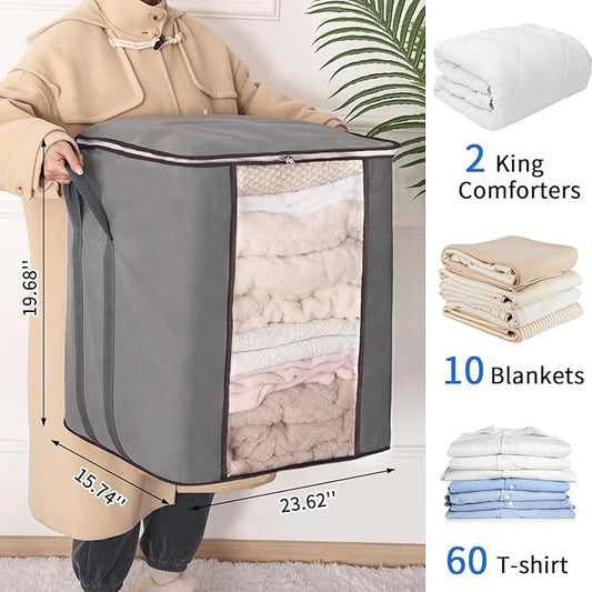 Fixwal 4pcs Large Blanket Bags 120L King Foldable Comforters Storage Bags, Extra Large Organizers for Blankets, Clothes, Pillows, Quilts, Bedding with Thick Fabric Reinforced Handles, Grey