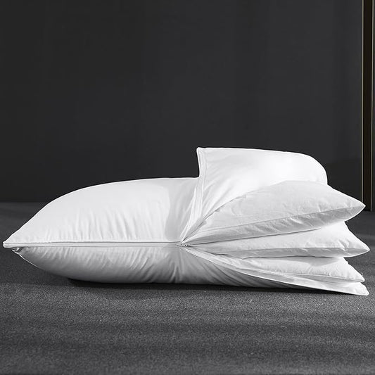 Three Geese Adjustable Layer Goose Feather Pillow Queen Size,Assemblable Bed Pillow with Pillowcase,100% Soft Cotton Cover,Good for Side and Back Stomach Sleeper,Packaging Include 1 Pillow.
