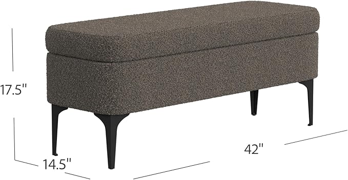 HomePop Upholstered Storage Bench with Metal Leg, 42" W, Dark Brown Boucle