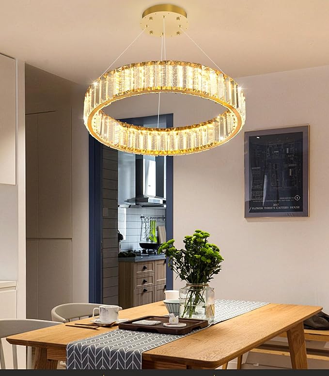 16'' Modern Ring Chandelier Crystal Chandeliers for Dining Room Round LED Dimmable Ceiling Light Fixture for Living Room Bedroom Lighting Gold
