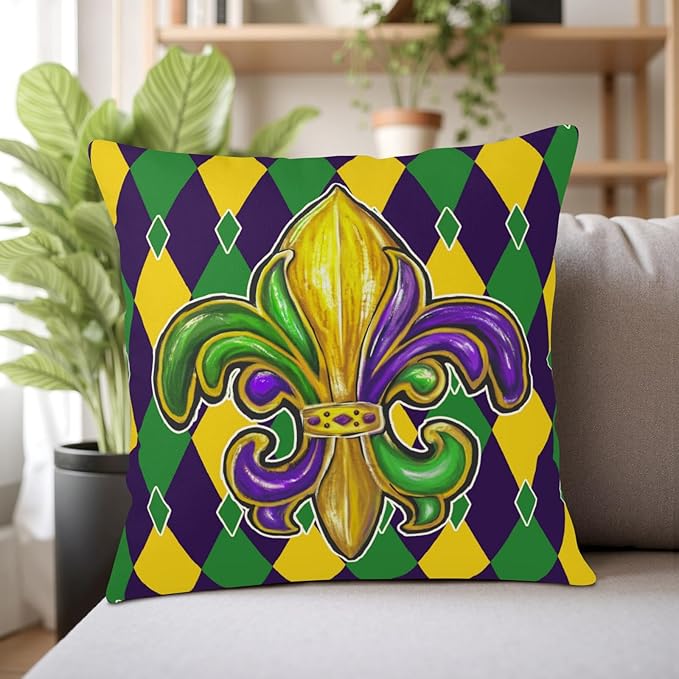 Mardi Gras Pillow Covers 16x16 Set of 2 Purple Gold Green Fleur De Lis Outdoor Throw Pillow Covers Holiday Farmhouse Cushion Covers for Home Sofa Couch Party Decor