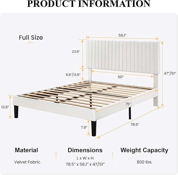 SHA CERLIN Full Upholstered Platform Bed Frame with Vertical Channel Tufted Velvet Fabric Adjustable Headboard, Wooden Slats Support, Mattress Foundation, Box Spring Optional, White