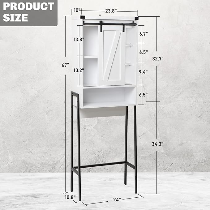 Over The Toilet Storage Cabinet, Behind Toilet Bathroom Organizer with Adjustable Shelves, Above Toilet Organizers with Barn Door, Space Saver for Restroom, Bathroom, Laundry, White