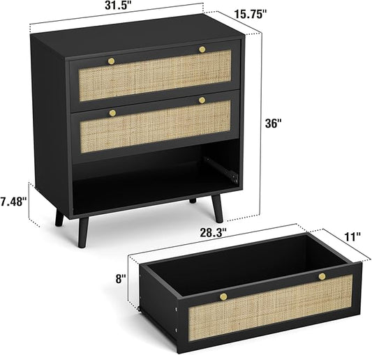 Anmytek Black Dresser for Bedroom with 3 Drawers, Modern Wood 3 Drawer Dresser, Black Chest of Drawer with Spacious Storage Rattan Dresser for Bedroom Living Room H0075