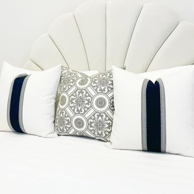Slow Cow Pack of 2 Linen Off White and Black Patchwork Throw Pillow Covers Decorative Cushion Covers Square 20 x 20 Inches
