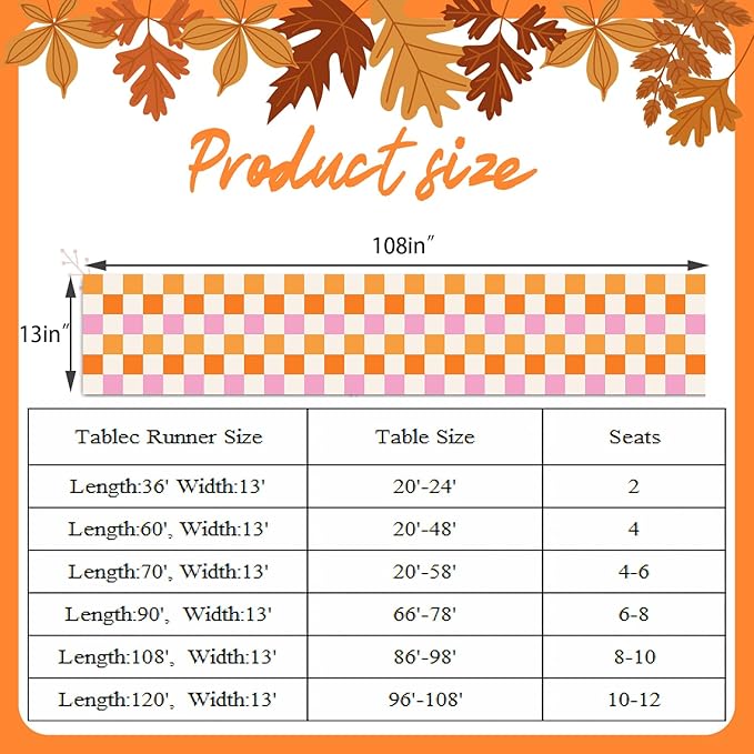Hippie Table Runner Vintage Geometric Square Grid Yellow Orange Pink 1960s 1970s Retro Country Farmhouse Dinner Runner for Living Room Kitchen Party Holiday Dinner Home 13x108in