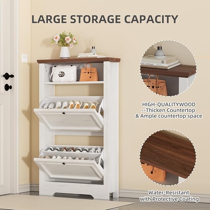 39" Farmhouse Shoe Storage Cabinet with 2 Flip Drawers and Adjustable Entryway Shelves, Hidden Shoe Organizer, White Walnut