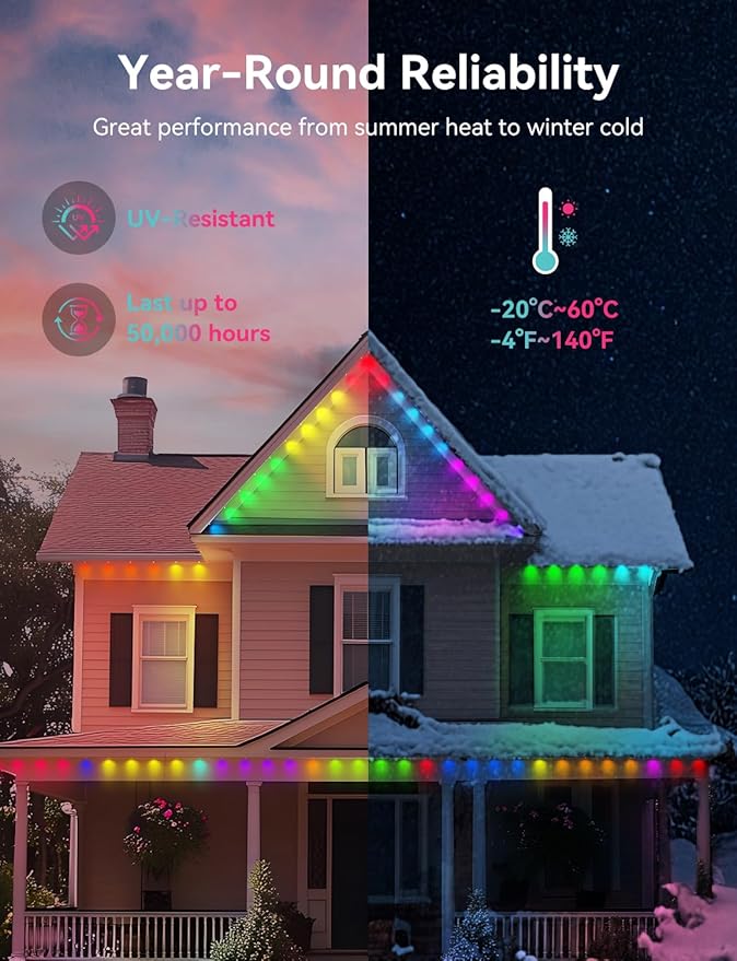 Permanent Outdoor Lights for House, RGB+IC IP67 Waterproof Smart Eave Lights 150ft with 108 LED, Eternity Lighting for Holiday Daily Decor, Work with Remote, APP