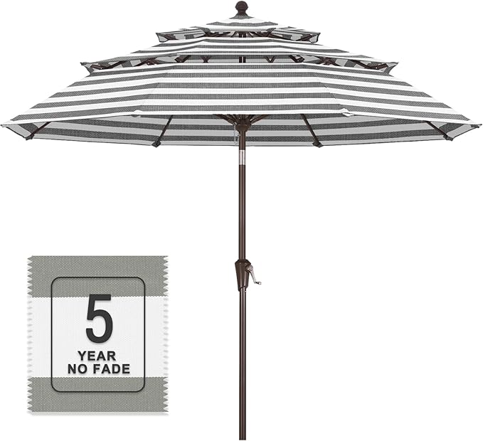 MASTERCANOPY 9ft 3-Tier Olefin Patio Umbrella with Tilt Crank, 5-Year-Non-Fading Canopy & 8 Fiberglass Ribs for Deck, Patio, and Garden, Light Gray & White