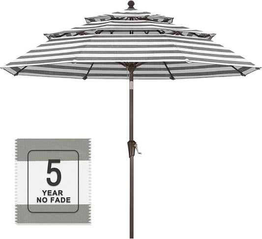 MASTERCANOPY 9ft 3-Tier Olefin Patio Umbrella with Tilt Crank, 5-Year-Non-Fading Canopy & 8 Fiberglass Ribs for Deck, Patio, and Garden, Light Gray & White