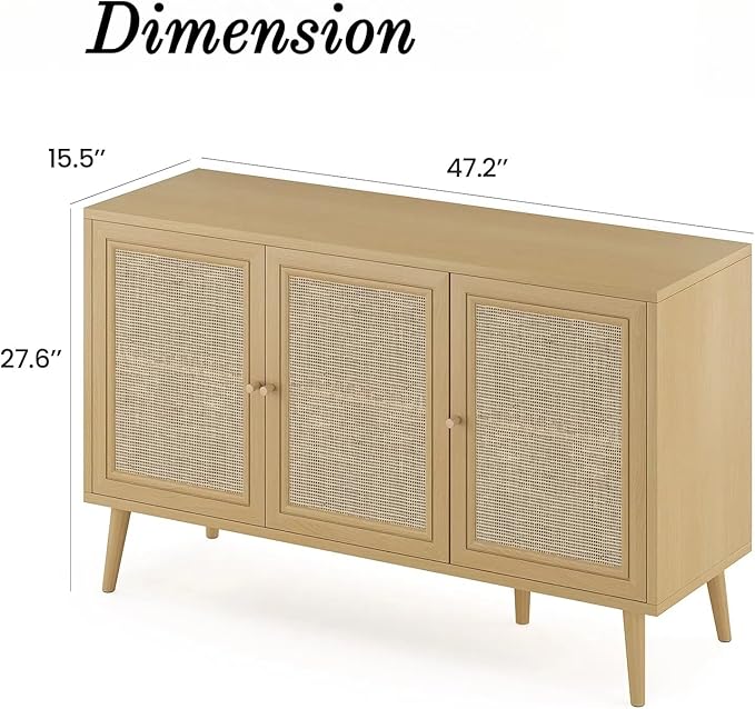 FONTOI Rattan Entryway Table, Entertainment Center with Adjustable Shelf, Sideboard Buffet Cabinet with 3 Rattan Doors, Modern Console Cabinet with Large Storage for Living Room, Kitchen, Brown