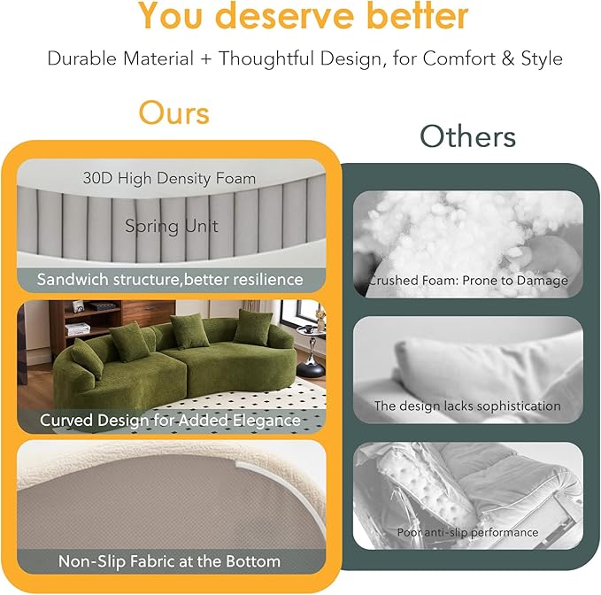 110" Oversized Cloud Sectional Sofa Modern Curved Boneless Couches for Living Room, 4-Seater Extra Deep Seat Foam Floor Compressed Couch w/Tight Backrest and 4 Pillows,Chenille Sofa & Couches | Breathable material, Non-slip, No Assembly Required