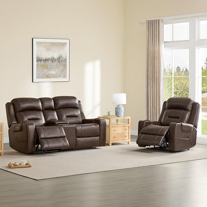 Watson & Whitely Genuine Leather Power Loveseat Recliner Sofa, Lay Flat Reclining Sofa with Console, Power Headrest, Cup Holders & Wireless Charging, Dual Recliner for Living Room, Dark Brown