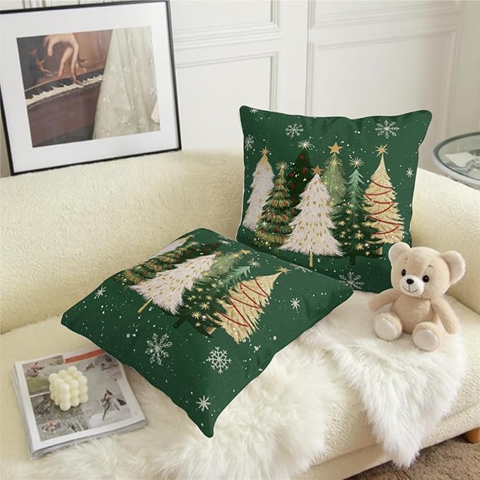 Green Christmas Outdoor Pillow Covers 22x22 Set of 2 White Gold Xmas Tree Snowflakes Pillow Case Rustic Farmhouse Winter Holiday Decorative Pillowcases for Home Sofa Couch