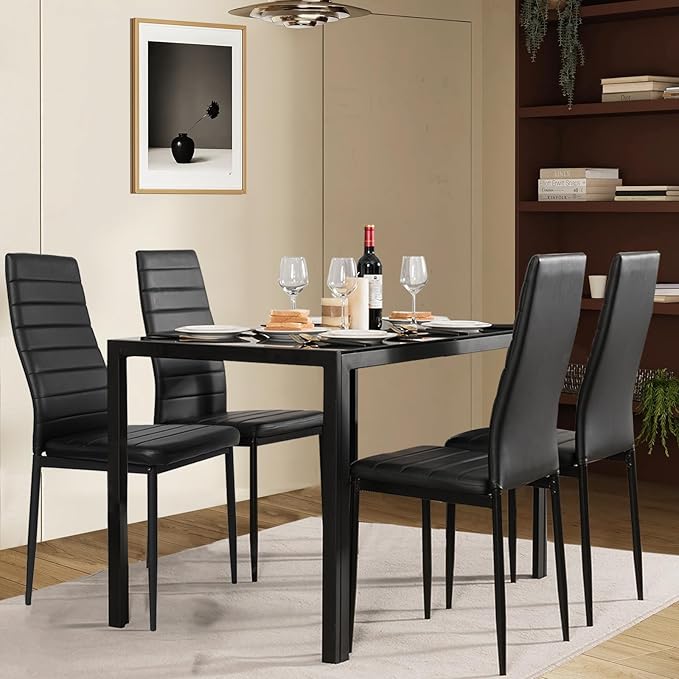 NAFORT Dining Table Set for 4, 48.5" Rectangle Tempered Glass Kitchen Room Table with 4 Black Faux Leather Dining Chairs, Space-Saving Dinner Tables with Metal Frame for Dining Room, Office, Dinette