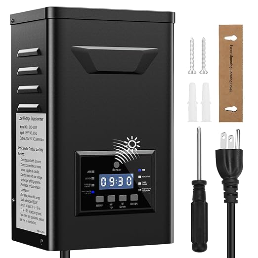 500W Low Voltage Landscape Transformer with Timer & Photocell for Landscape Lighting, 120V to 12V/15VAC Weatherproof, Stainless Steel, Smart Low Voltage Transformers for Outdoor Garden