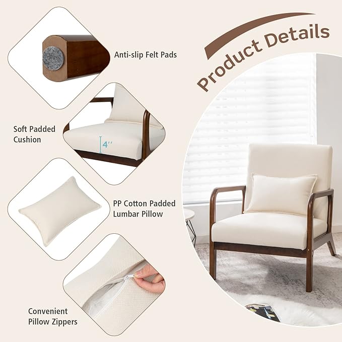 Giantex Modern Accent Chair with Pillow - Comfy Upholstered Lounge Armchair with Anti-Slip Felt Pads, Wooden Frame Soft Padded Arm Chairs for Living Room, Bedroom, Study, Beige