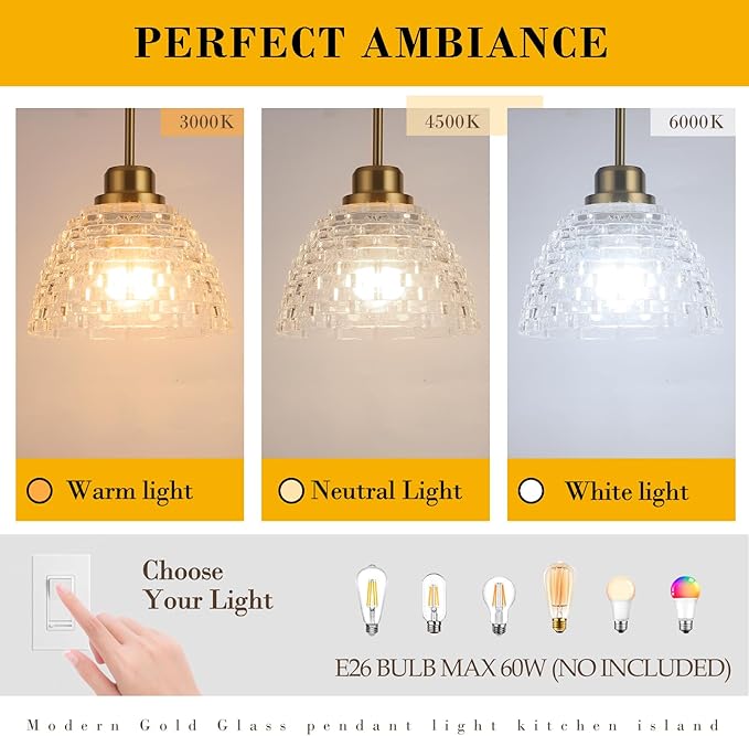 3 Pack Glass Pendant Lights Kitchen Island 8.7 Inches Modern Gold Glass Pendant Light Fixtures Brass Hanging Lighting for Kitchen Over Sink Dining Room Bedroom E26