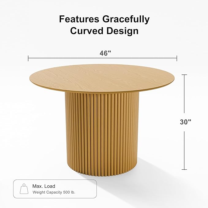 Casaphoria 46" Round Dining Table, Modern Wood Kitchen Table with Cylinder Stripe Base for Living Room & Dining Room, Easy Assembly Farmhouse Furniture for 4-6, Oak