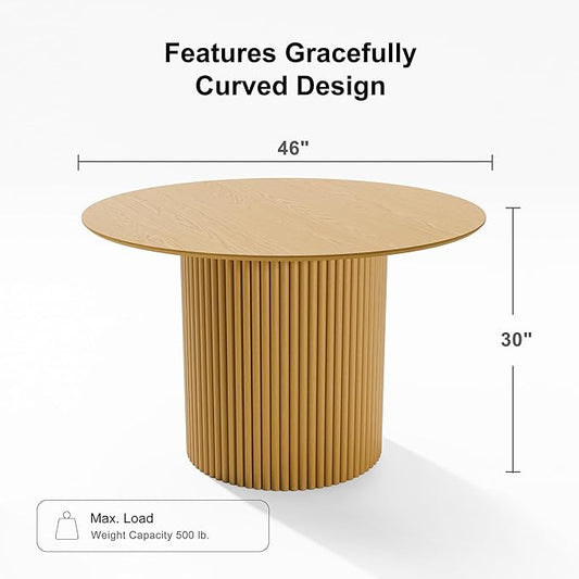 Casaphoria 46" Round Dining Table, Modern Wood Kitchen Table with Cylinder Stripe Base for Living Room & Dining Room, Easy Assembly Farmhouse Furniture for 4-6, Oak
