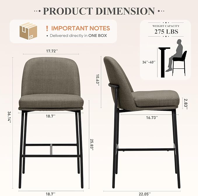 Bar Stools Set of 2, Modern Upholstered Counter Height Bar Chairs with Cushioned Seat and Curved Back, Fabric Kitchen Island Stools with Sturdy Metal Legs for Dining Room Island Bar, Brown