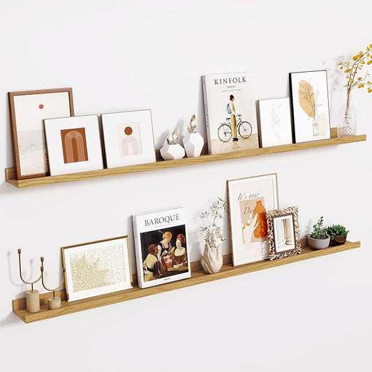Fun Memories Picture Ledge Shelves Set of 2-55 Inch Shelves with Lip - Large Nursery Bookshelf for Storage - Floating Shelf Wall Mounted for Living Room - Bedroom -Kitchen - Oak Color