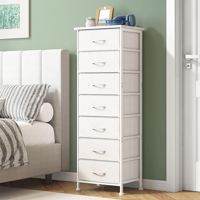 Fixwal Tall Dresser for Bedroom, Storage Dresser Organizer with 7 Fabric Drawers, Nightstand Furniture in Closet, Entryway, Hallway，White