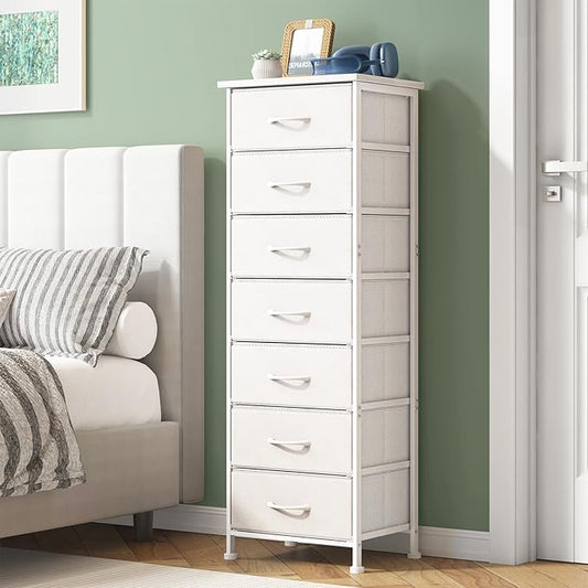 Fixwal Tall Dresser for Bedroom, Storage Dresser Organizer with 7 Fabric Drawers, Nightstand Furniture in Closet, Entryway, Hallway，White