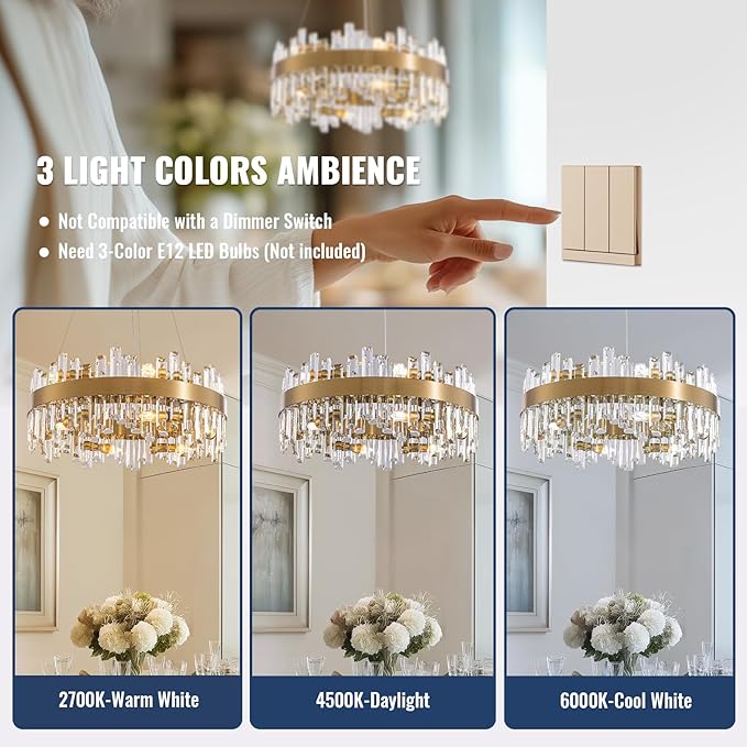 Gold Crystal Chandelier for Dining Room, 12-Light Modern Chandelier, 23.6-inch K9 Crystal Raindrop Ceiling Light, Luxury Flush Mount Light Fixture for Kitchen Living Room Entryway Bedroom